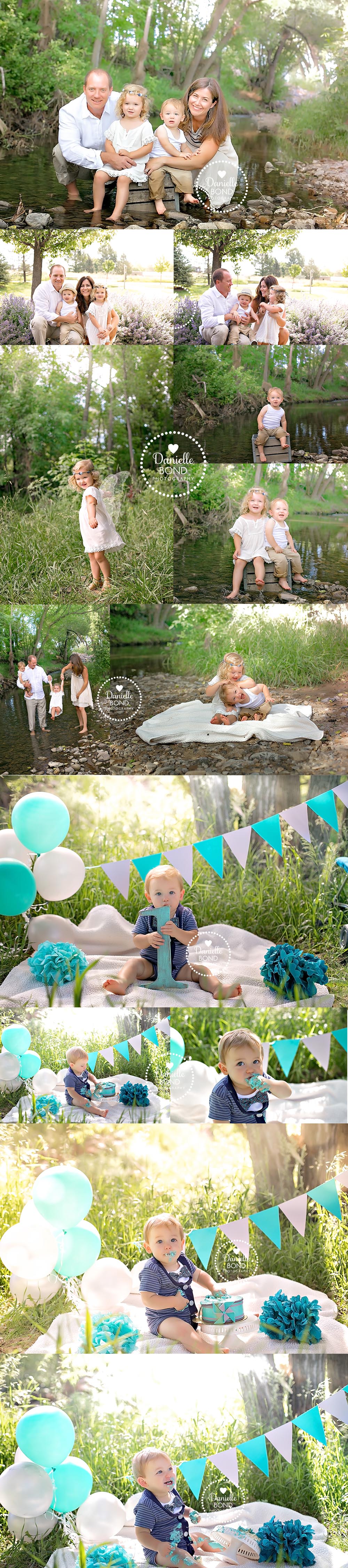 creek family session and grey and blue outdoor cake smash
