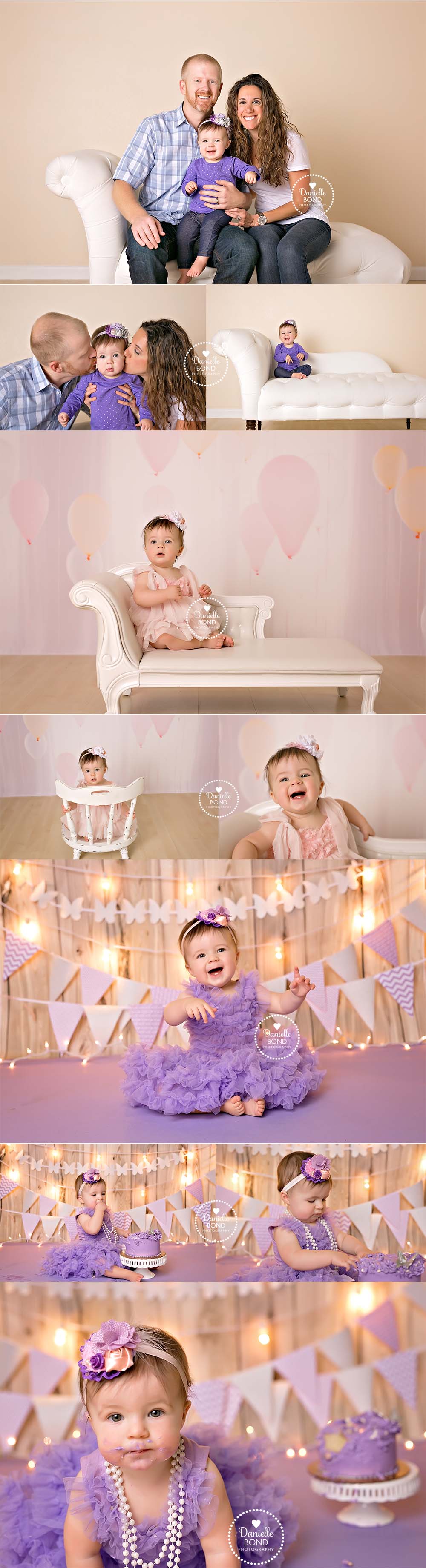 whimsical 1 year photos and purple cake smash by Denver, CO photographer