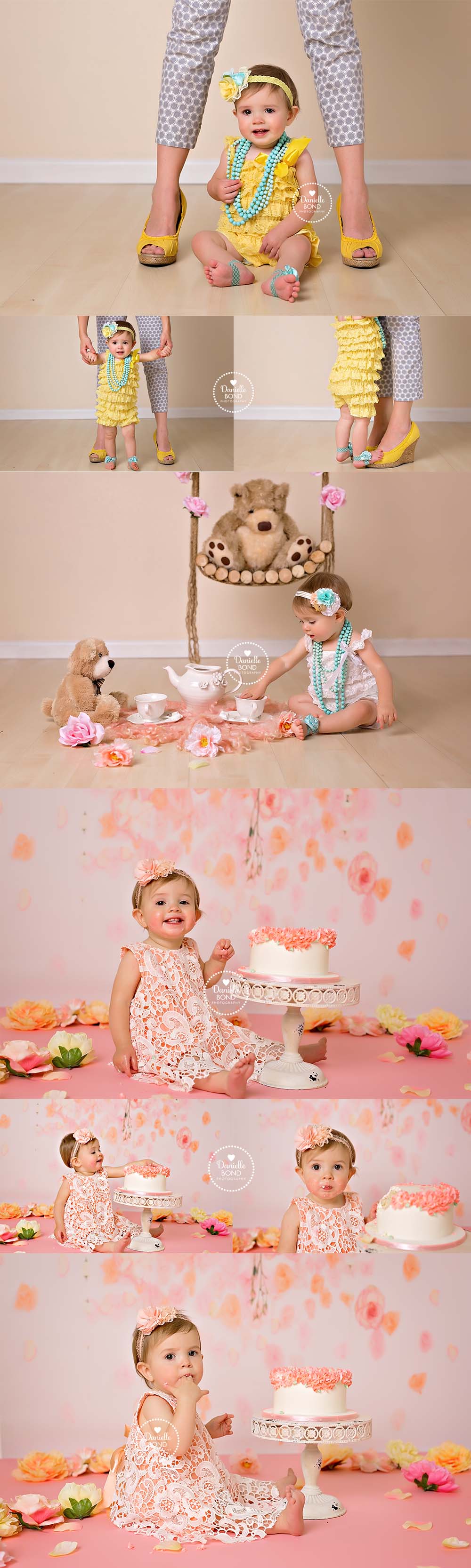 girly 1 year photos with a floral cake smash